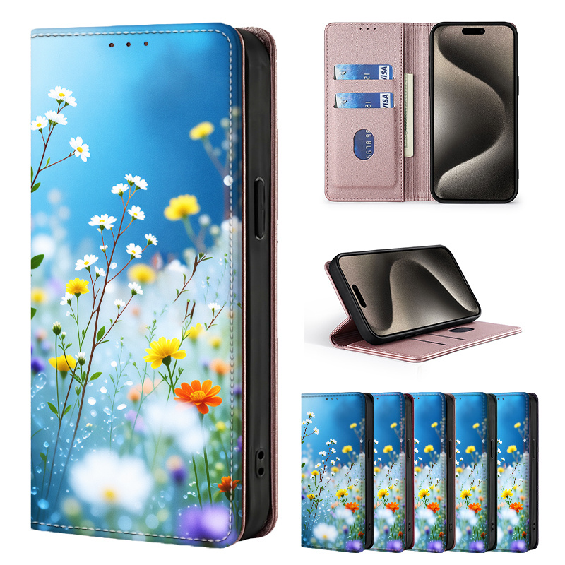 TEMU Phone Case - Colorful Painted Double-fold Edge, Faux Leather Flip Cover Creative Phone Case With Card Slot Anti-theft Stand Wallet, For Galaxy