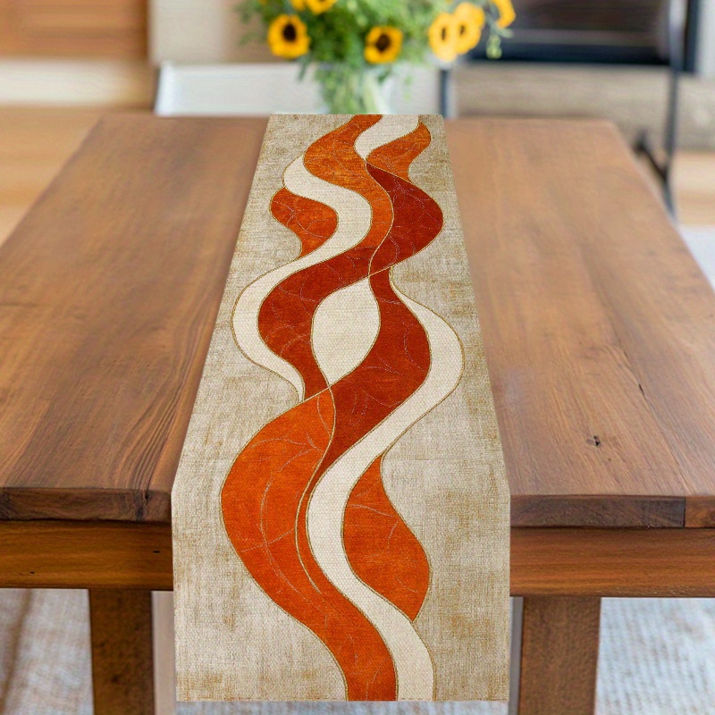 TEMU 1pc Of Table Flag Fabric For Home, Kitchen, And Restaurant Use, Featuring Fall-themed Abstract Wave Designs In Earthy Colors, Enhancing The