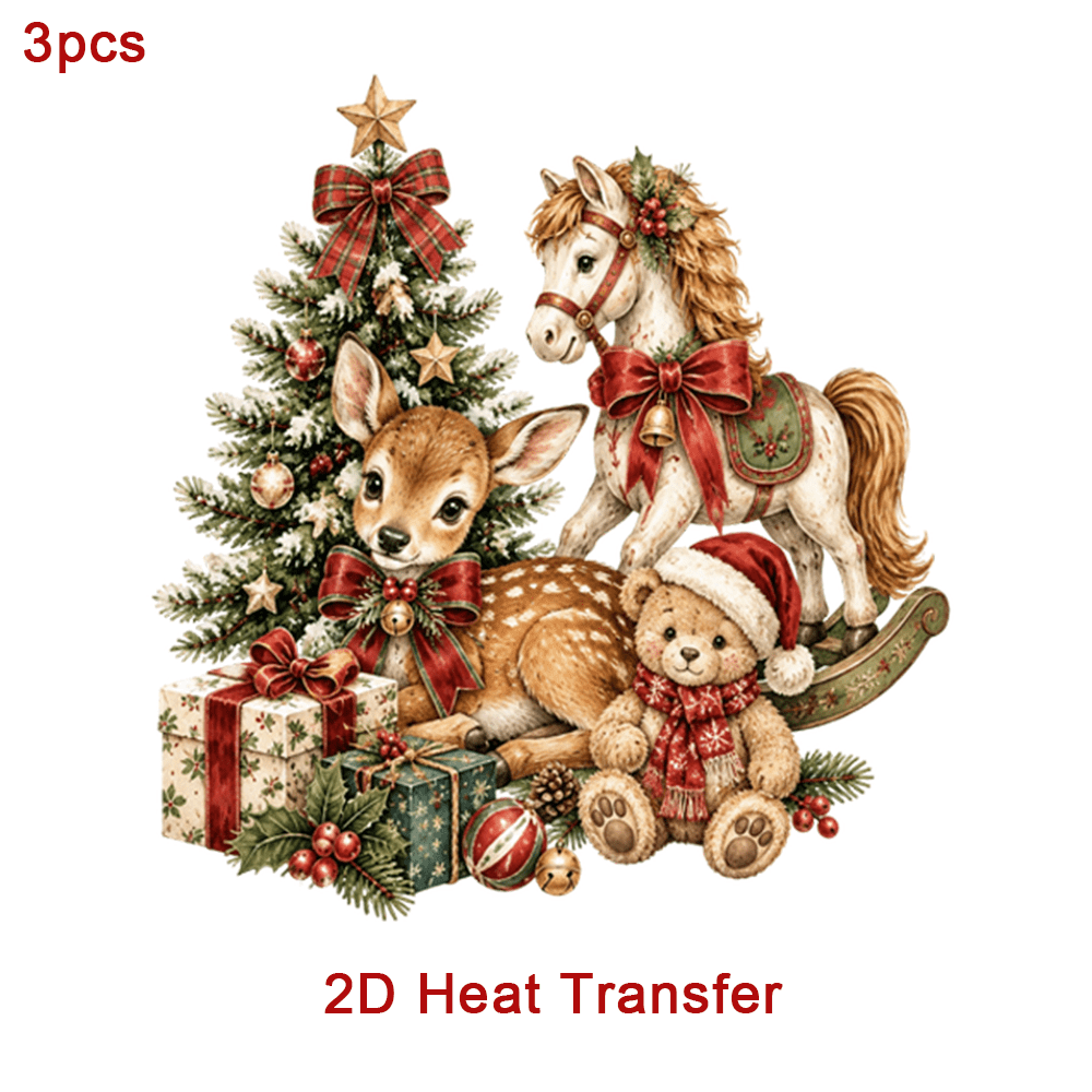 TEMU 3 pezzi di adesivi termoadesivi 2D a tema natalizio, , cavallo a dondolo, orsetto di peluche e alberi di Natale, patch termoadesive, adatti per