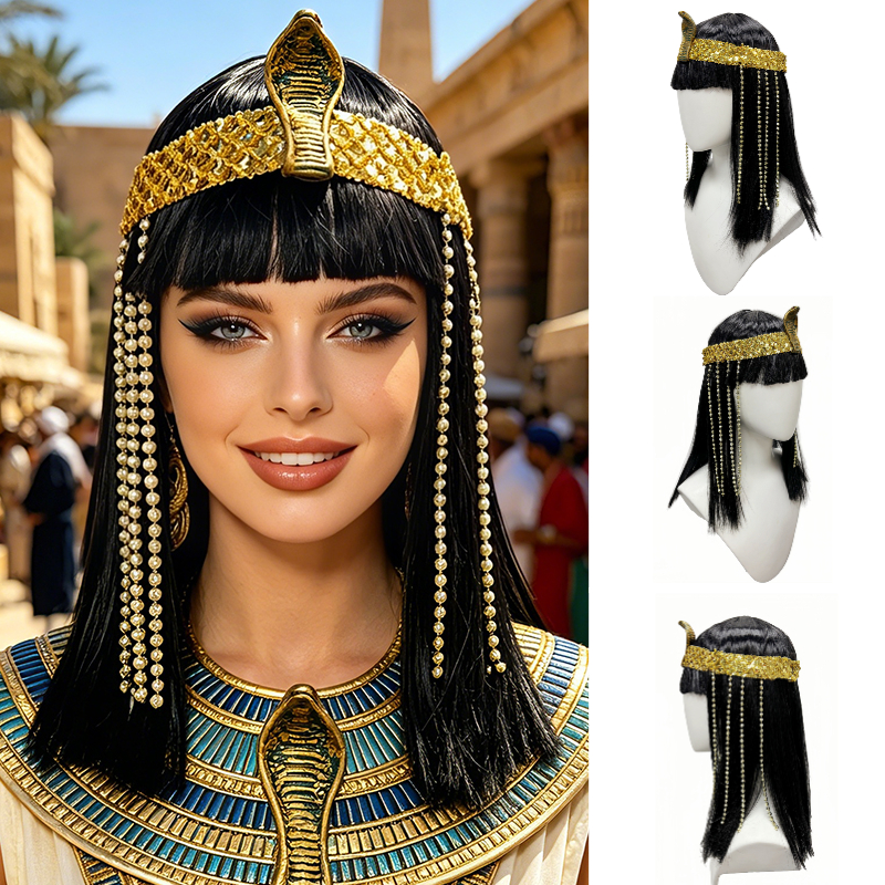 TEMU Retro Exotische Egyptische Stijl Zwarte Volledige Pony Schouderlange Rechte Pruik Complete Set met Gouden Pailletten Slang Hoofdband en Lange