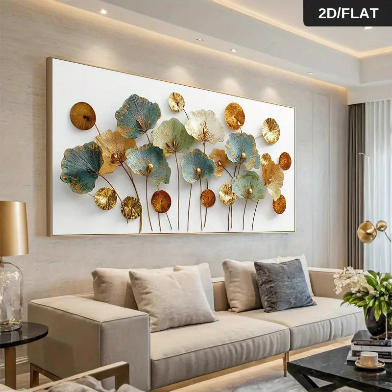 2d flat 2d flat large decorative wall art for the living room featuring oversized canvas paintings in a   style with blue golden and white lotus leaf patterns this minimalist decor is perfect for living rooms bedrooms and offices
