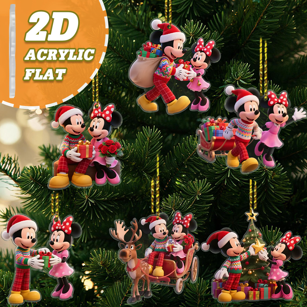 TEMU 2d Flat, 2d Flat Christmas Decoration, 6pcs Set Of Mickey And Series Christmas Themed Acrylic Ornaments, Suitable For Christmas Trees, Doors And