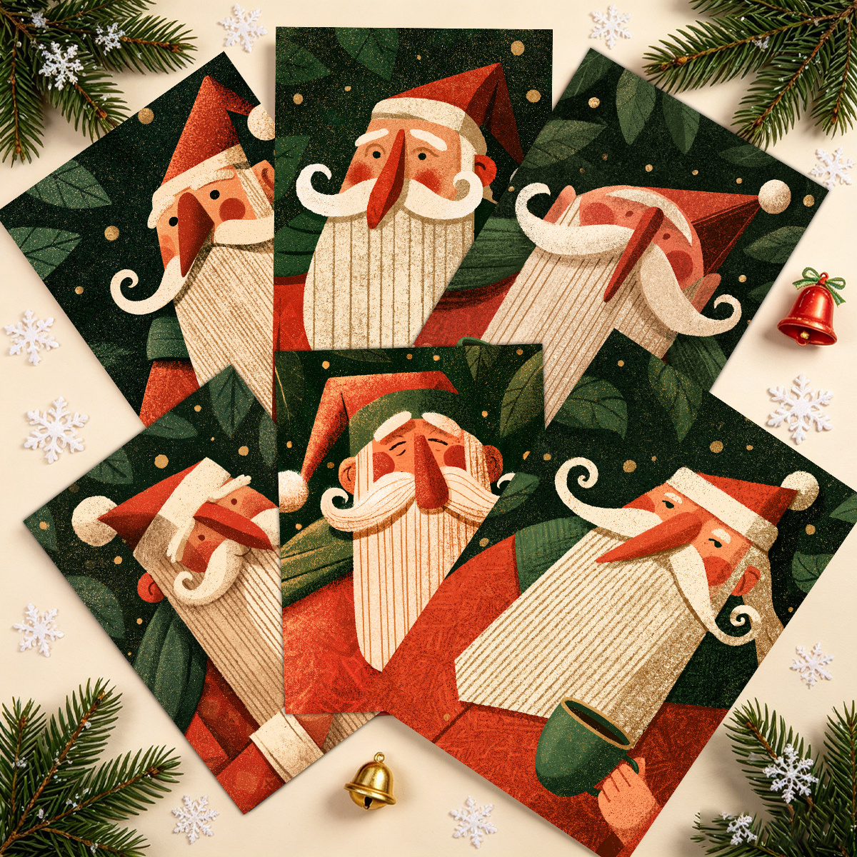 artikel foto 6/12 stuks kerstkaarten met kerstman met rode  , witte baard, groene achtergrond, gouden accenten,   kerstfeest ontwerp, leeg van binnen, inclusief enveloppen - perfect voor feestdagen, feesten, uitnodigingen of cadeaus