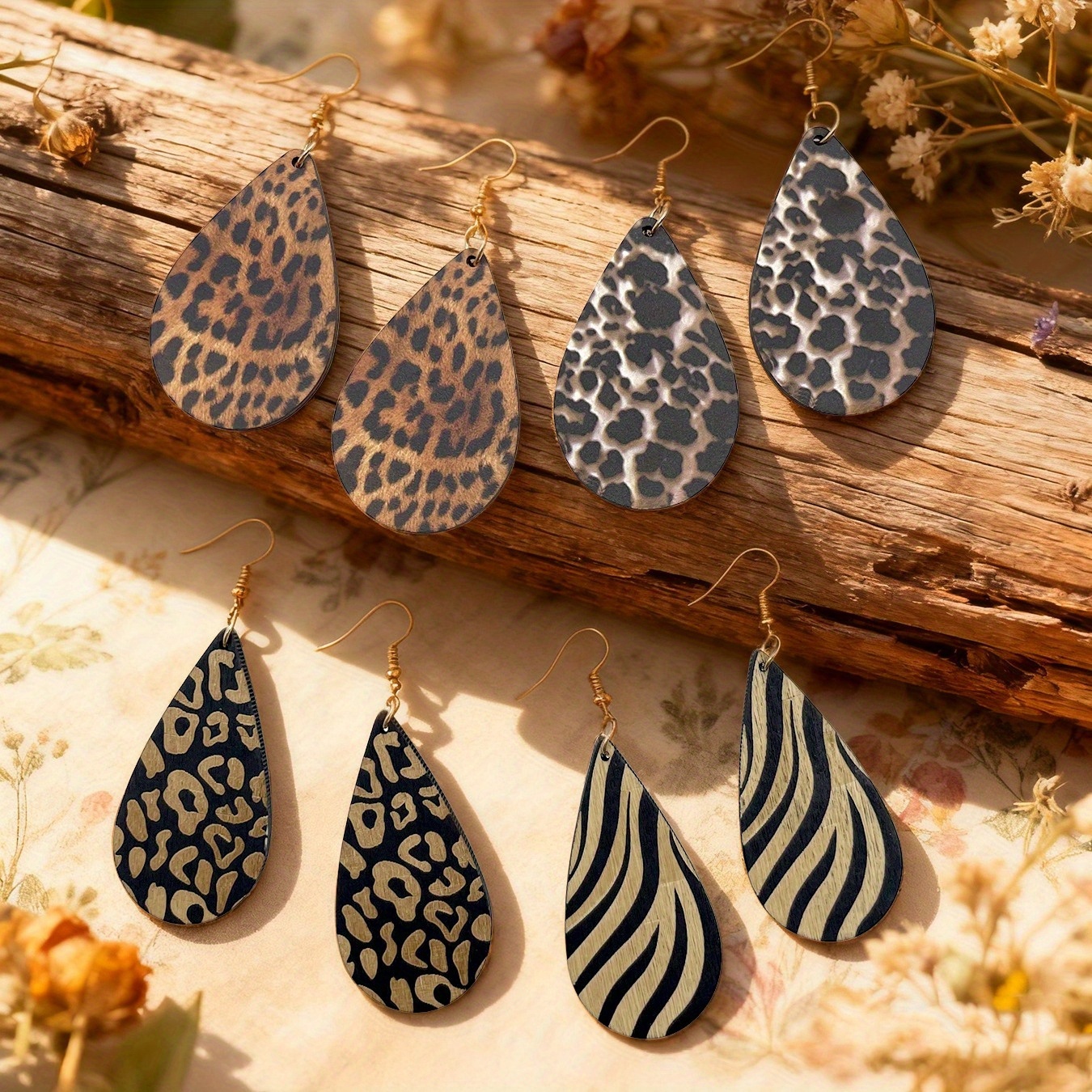 TEMU 2d Flat, 2d Flat Acrylic Earrings, 4 Pairs (8pcs Set), Women's Fashion Dangle Earrings, Vintage Bohemian Animal Print Flat Acrylic Plastic