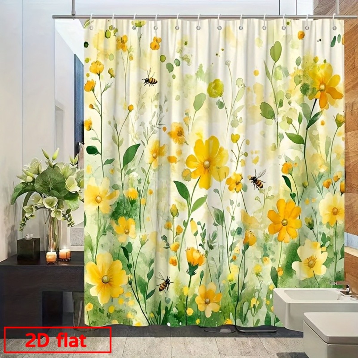 TEMU 2d Flat, 2d Flat Printing Shower Curtain, 1pc Novelty Yellow Floral Painting Design Shower Curtain, , Country Style Decoration