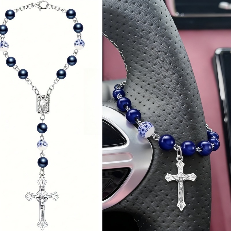 unique christian car gift cross steering wheel prayer beads charm catholic prayer protection ornament multicolor options material abs