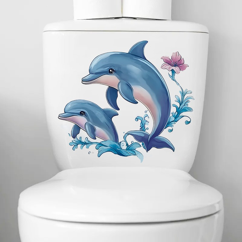 Image of 1pc Cute Dolphin & Bathtub Stickers - Waterproof, Tear-off Wall Art Decals With For Bathroom, Living Room, And Bedroom Decor, Bathroom Decorations