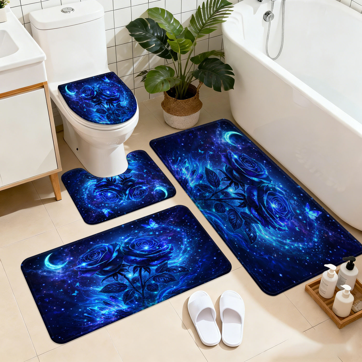 TEMU 3/4pcs Bathroom Non-slip Mat Set, Starry Blue Rose , Home Decor Shower Entrance Absorbent Mat, Soft -dry Carpet For Home Use, Bathroom Laundry