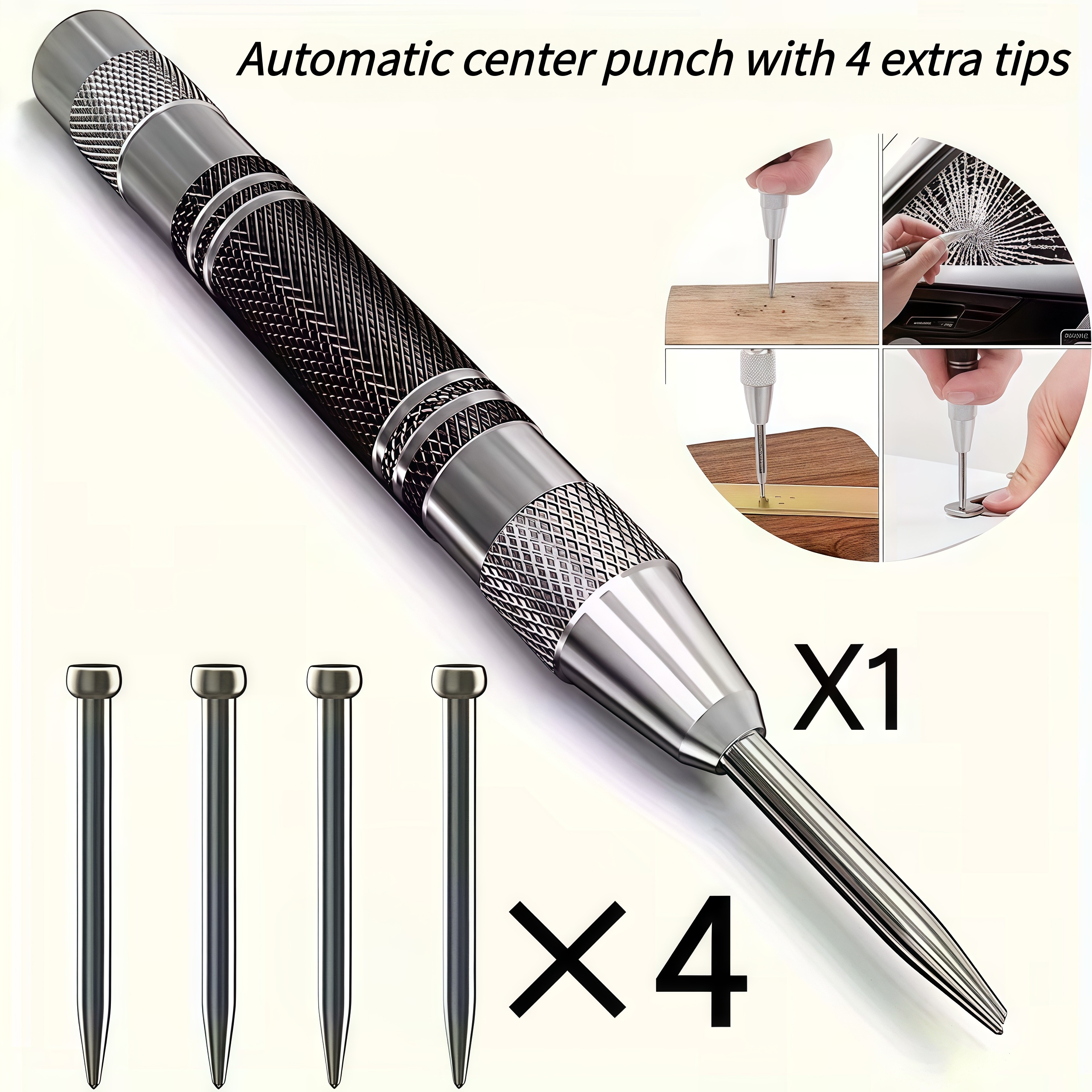 TEMU 5pcs Adjustable Automatic Center Punch Set, Locator With Metal Drill Bits, Includes Drill Bits, Spring Punch Tool, Precision Center Punch For