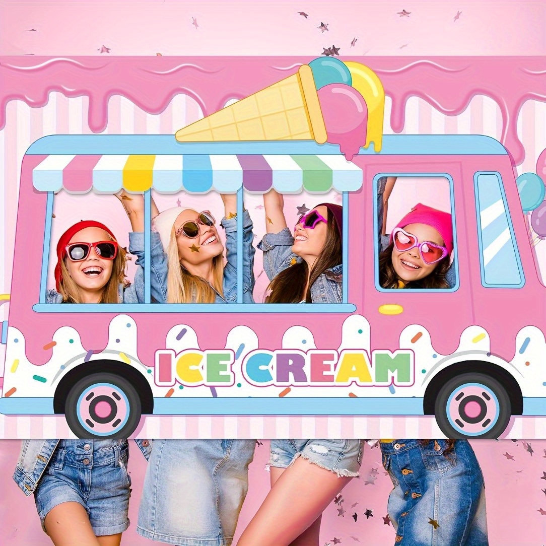 TEMU 1pc 43.3x70.8 Inch Pink Ice Cream Truck Backdrop Banner - 2d Flat Design With Cartoon Style, Photo Booths, Studio Photography, Birthday Parties,