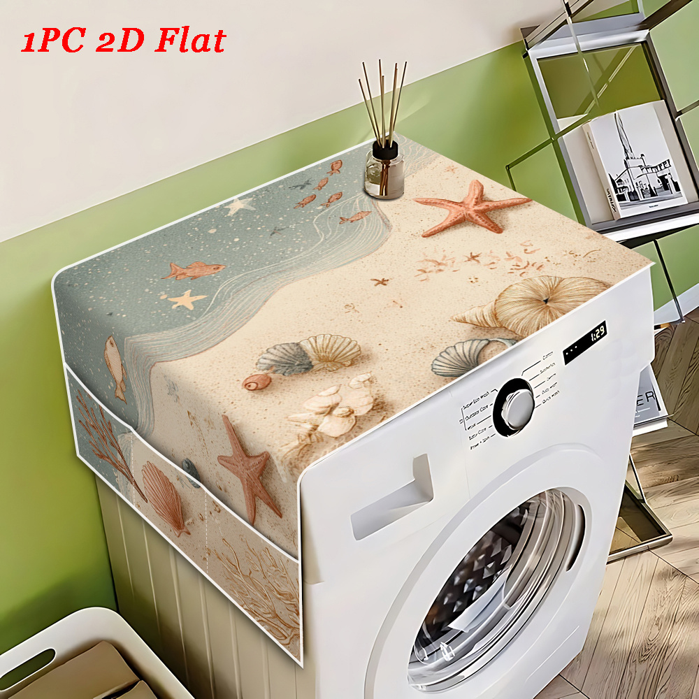 TEMU [1pc] 2d Flat Nordic Beach Starfish Shell Coral Little Fish Printed Multifunctional Refrigerator Cover, Washing Machine Cover, Oven Cover With