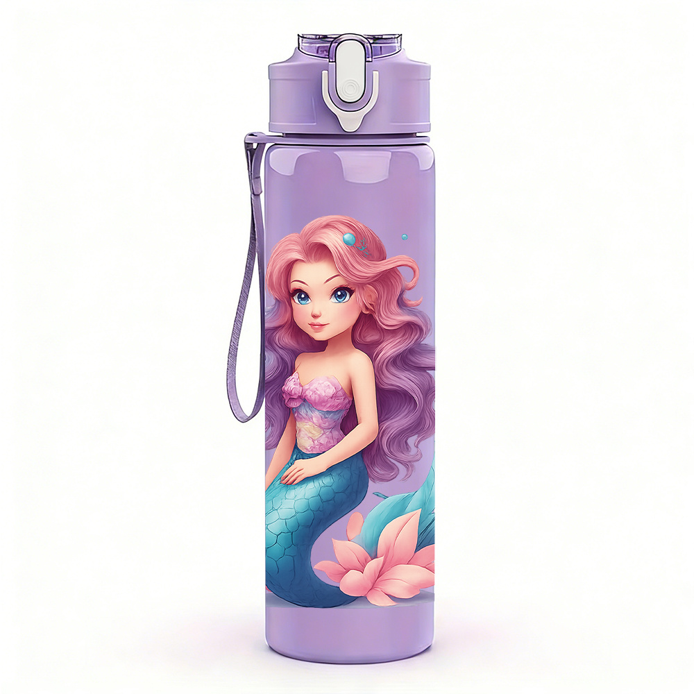 TEMU 1pc Mermaid Girl Style Cartoon Print, 750ml/26oz Colorful Plastic Sports Water Bottle, Tumbler, Cute Printed Design, Leak-proof With Pop-up Lid,