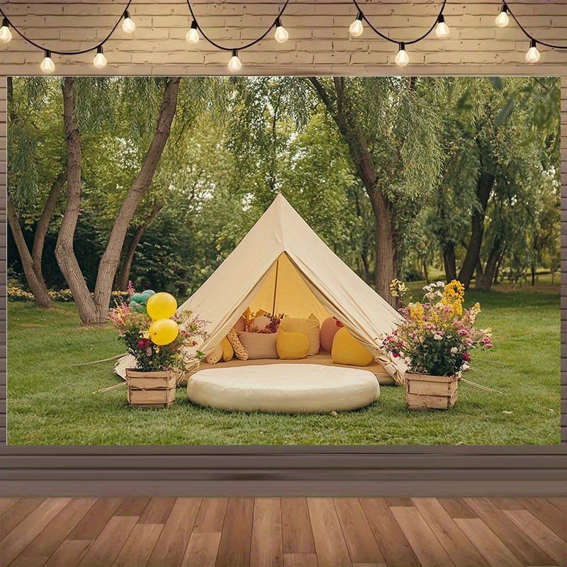 one piece of bohemian style camping tent backdrop featuring trees flowers and green grass ideal for party decoration backgrounds   banners are   birthday celebrations outdoor events and festivals that do not   electricity