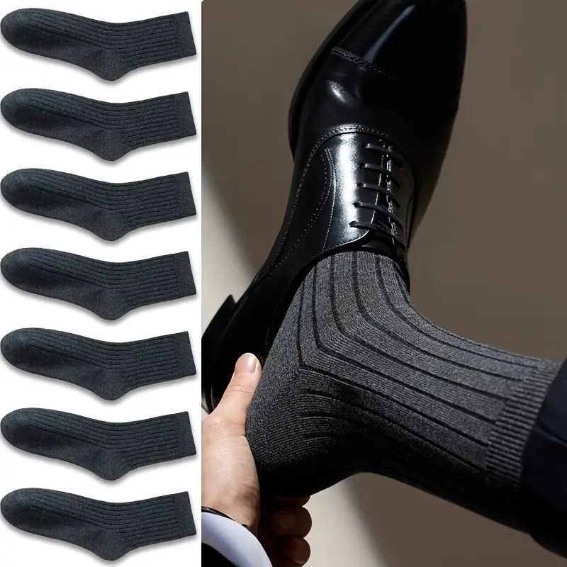 5 Pairs/7 Pairs of Men'S Suit Socks - Soft, Breathable Moisture-Wicking - Suitable for Calf Socks, Solid Color Versatility for Business Casual Outdoor Wear, a Gift for Him (Black, Dark Gray, Navy Blue, White, Dark Brown), Formal Wear Additions