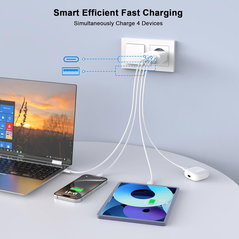 Захранващ Адаптер 4-в-1 USB A+C | 2A+2C Многопортов Стенен Зарядно Устройство за Домашни Контакти | Универсален Хъб за Захранване | Съвместим с iPhone, Galaxy, Таблети | Необходим Аксесоар за Подобрение на Дома (Бял/Черен/Оранжев)