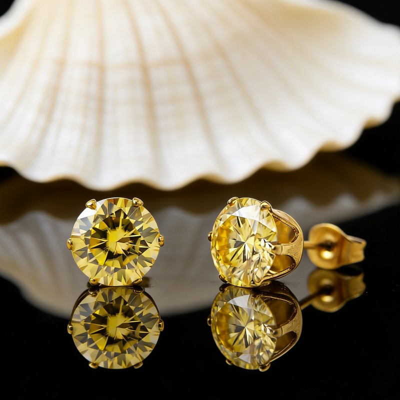 0.5/2.0 Carat Stainless Steel Six-Prong Crown Yellow Moissanite Stud Earrings