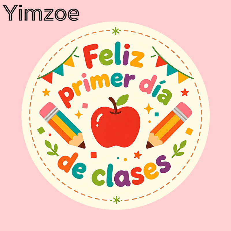 TEMU Yimzoe Stickers Redondos Primer Día de Clases - Con texto " Primer Día de Clases", Diseño Colorido y Lápiz, Perfectos para Sellos de Embalaje y