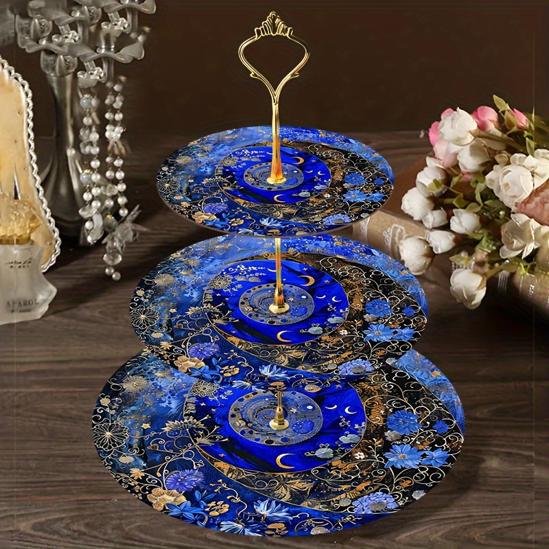 TEMU 1pc Elegant Floral Wreath Tray- Dark Blue And Golden Embellished Decorative Tray, Suitable For Weddings, Home Decor, Parties- Non-electric