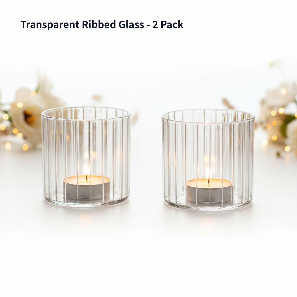 TEMU 2pcs Set Transparent Vertical Ribbed Glass Candle Holders - Round Votive Tea Light Holders Suitable For Wedding Table Centerpieces, Party & Home