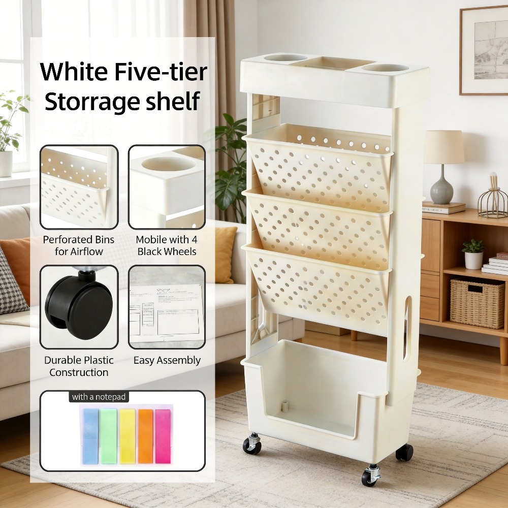 TEMU 5-tier Movable Bookshelf Storage Rack, Floor-standing Rolling Cart For Desk Side. Ideal For Storing Books, Office And School Supplies, With