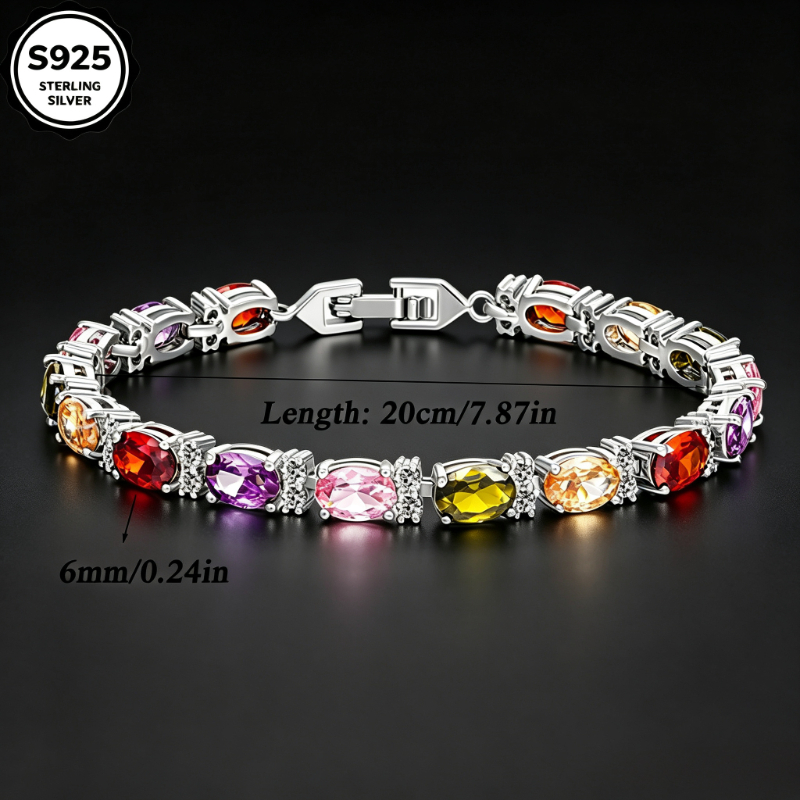Image of 925 Silvery Multicolor Synthetic Zirconia Bracelet For Women, Luxury Oval Cut Bracelet, Banquet Jewelry, With Gift Box