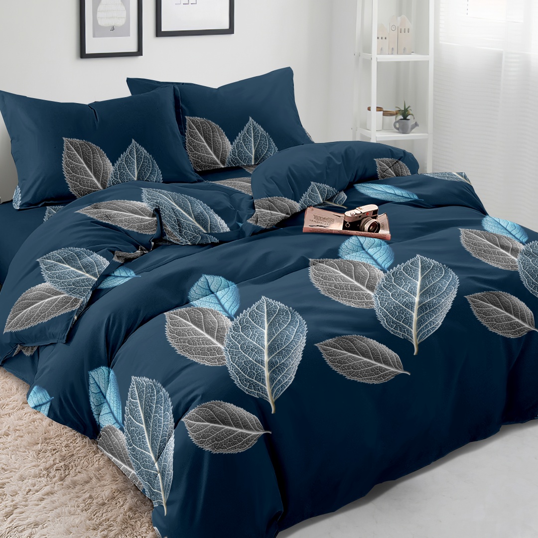 E-shop Dunkelblaues Blätter-Bettbezug-Set, Einfach und Elegante. Klassische, modische, weiche, bequeme und atmungsaktive Bettwäsche,