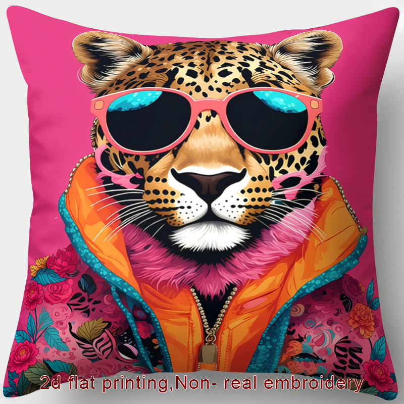 TEMU 1pc, 2d Flat Printing Zipper Throw Pillow Cover, Trendy Pillowcase With Leopard, Fashion Glasses, Jacket, And Floral Patterns In Vibrant Colors.