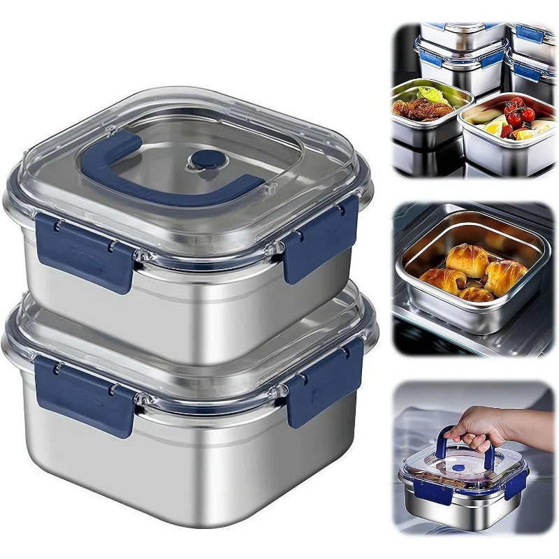 

1800ml Extra-large Stainless Steel Food Storage Container With Blue Lid - Leakproof, Reusable, Refrigerator & Bento Boxes, Kitchen Essentials