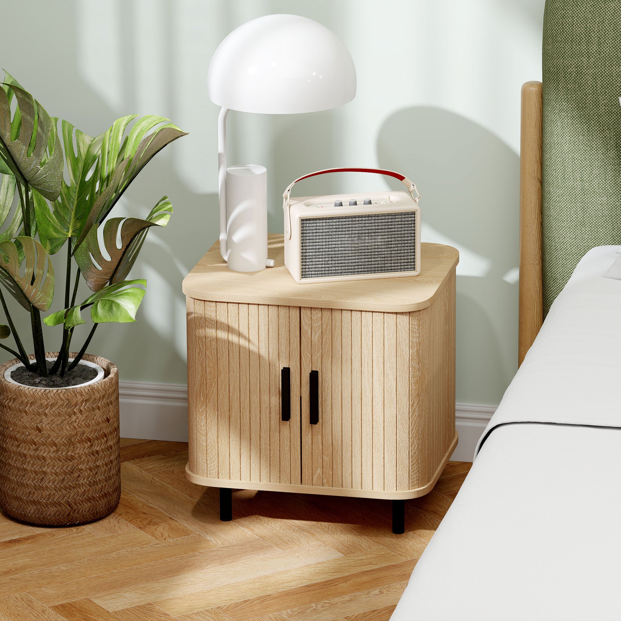 TEMU Homcom Modern Scandinavian Nightstand With Sliding Doors & Metal Legs, Oak Tone Finish, Wood & Hardwood Construction, 27"+ Height Bedside Table