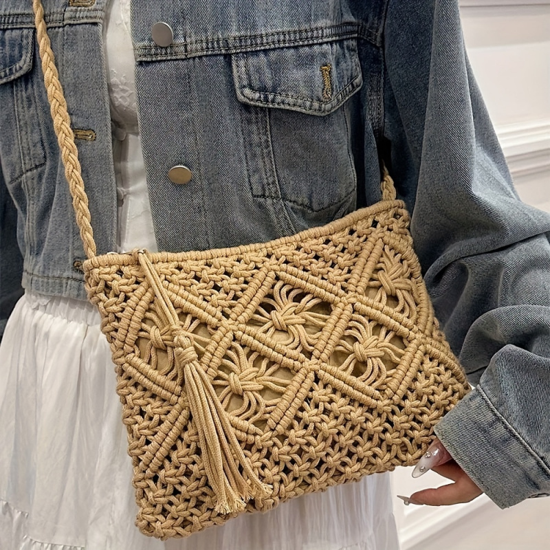 

Sac messager en polyester tricoté bohème pour femmes - Sac à bandoulière de plage d'été de couleur unie avec fermeture à fermeture éclair et doublure en polyester