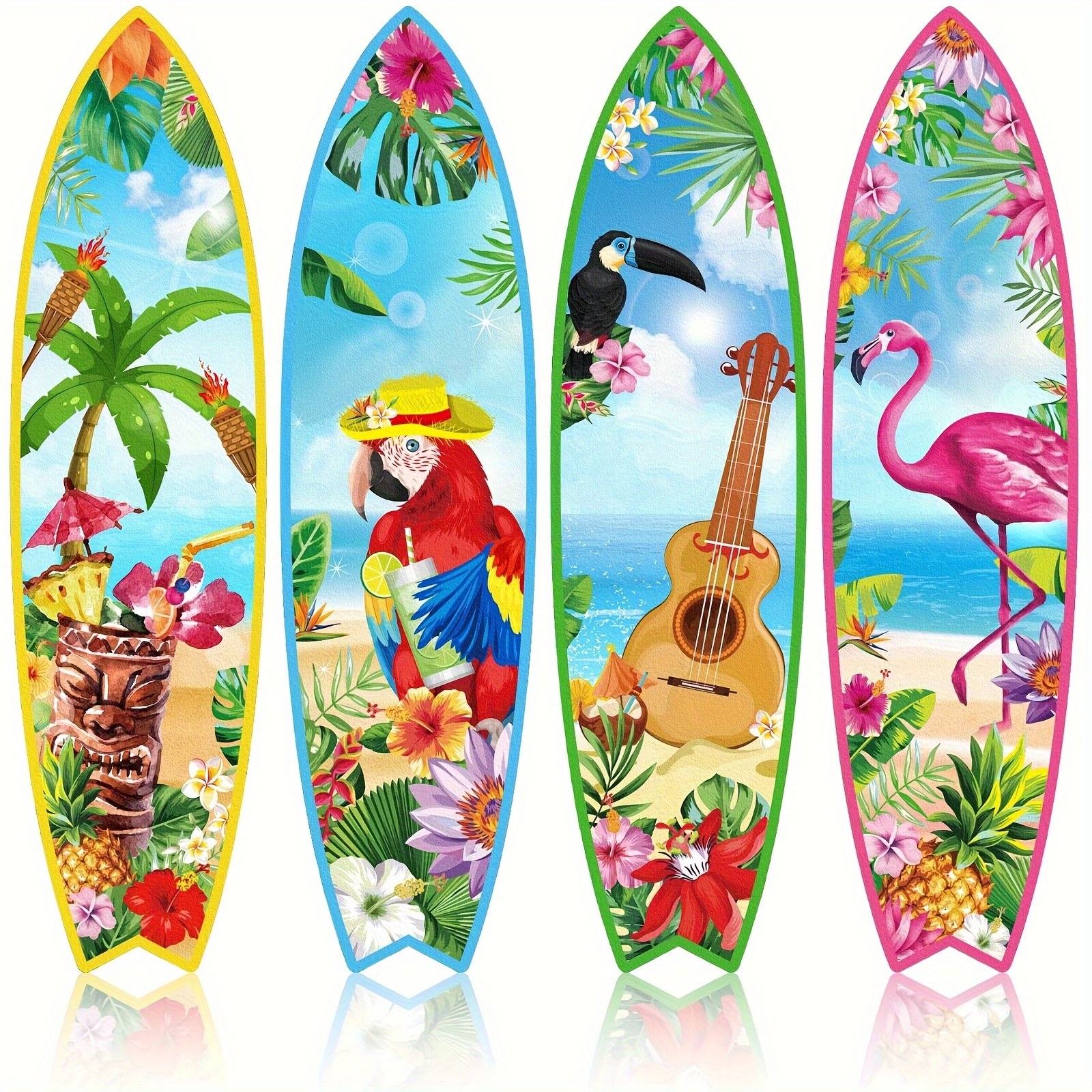 TEMU 4pcs Wooden Surfboard Wall Decor, Surfboard Hanging Sign, Wooden Beach Decoration Summer Theme Decor, Hawaiian Party Decoration, Suitable For