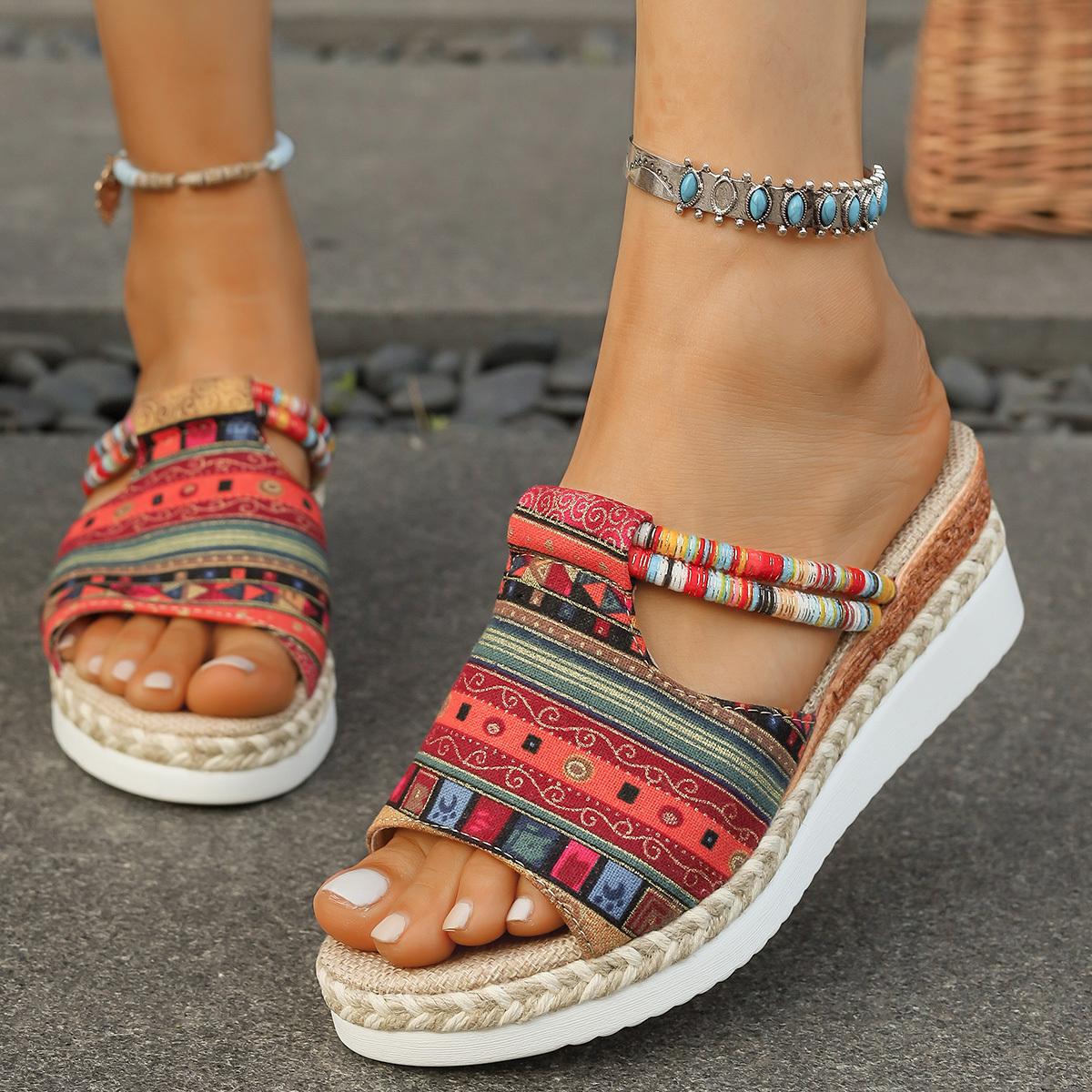 TEMU Mocassins à Plateforme Compensée pour Femme, Mode d'Été Style Bohème à Semelle Épaisse et Talon Haut de Bec de Poisson pour Vacances