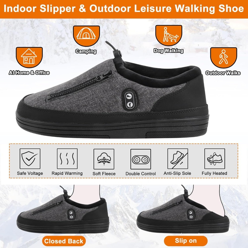 Heated Slippers Cordless with Settings Mode, Plush Lined  Indoor/Outdoor Shoes, Non-Slip Rubber Sole