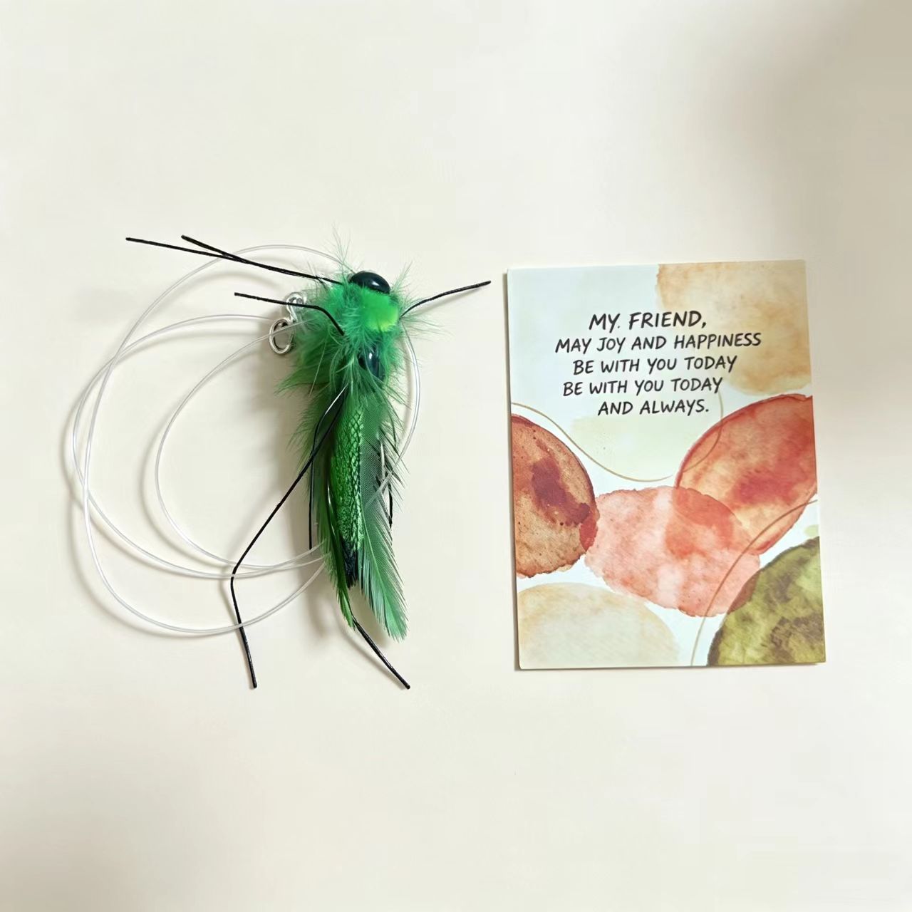 TEMU 1pc Simulated Insect Cat Toy + 1pc Greeting Card, Durable Feather Cat Teaser Wand Replacement Head, Indoor Cat Toy