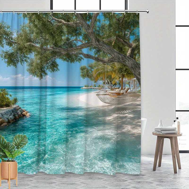 1 rideau de   de plage   avec arbre tortueux, hamac blanc, chaises longues,    , plage sableuse  ,   isolé, caribéen, sud-est asiatique, tissu en polyester, décoration   pour salle de bain à domicile, 12 crochets, 70x70 pouces