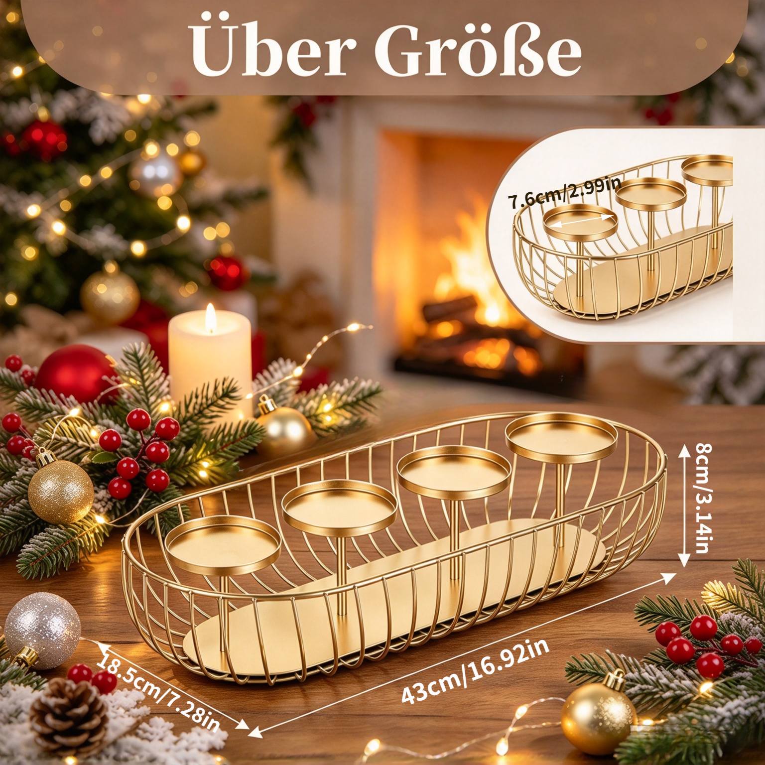Image of Advent Wreath Elongated Golden Metal: Modern, 43cm Long Frame