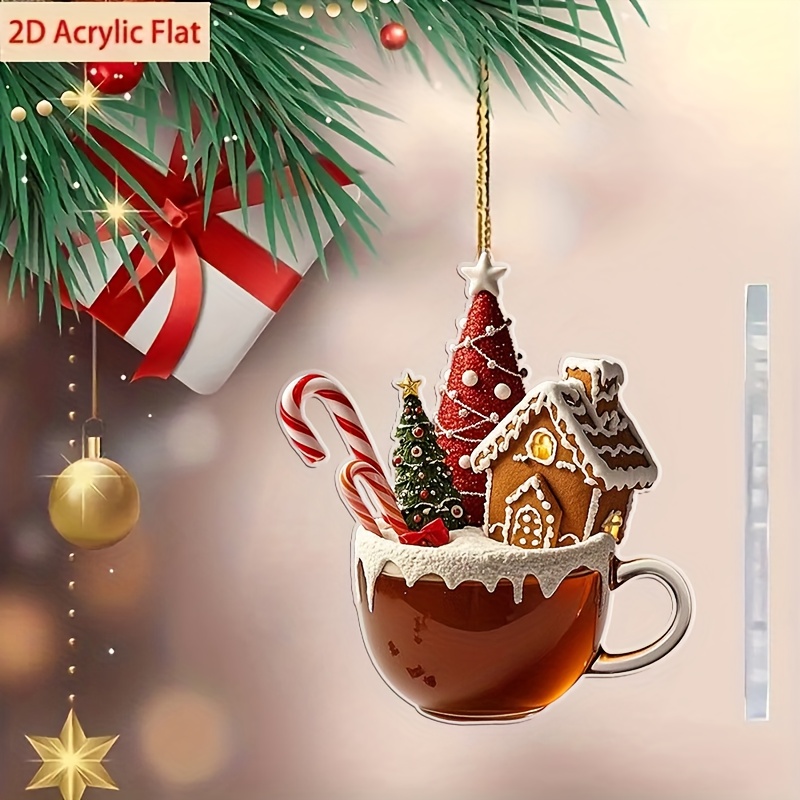 TEMU 2D-flacher, 1 Lebkuchenhaus-Weihnachtsbecher-Anhänger mit Aufhängeschlaufe – 2D-flacher Acryl-Lebkuchenmann Zuckerstangen-Design,