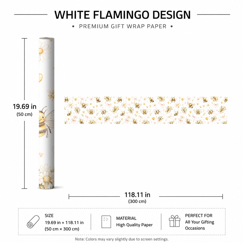 TEMU 1 Rolle 50X300Cm (19.7X118.1In) Premium Geschenkpapier mit fröhlichen Bienen und Blumen auf einem hellen Hintergrund, saisonales Ornament,