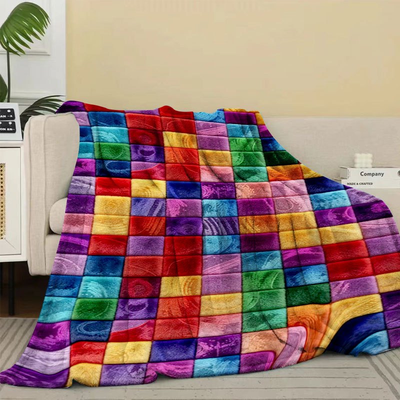 TEMU [light Luxury Colorful Square Print Fleece Blanket] Autumn Winter Thick Warm Fleece Blanket, Home Bedroom Sofa Nap Blanket, -conditioned Room