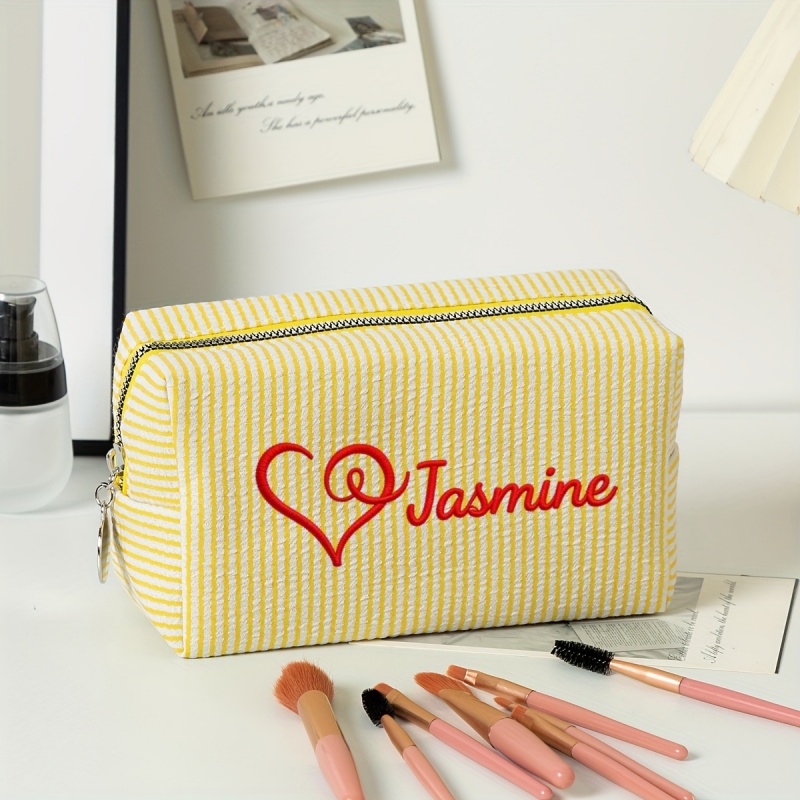 TEMU Custom Embroidery Personalized Striped Bag Name -- Portable Compartment Makeup Bag Travel Portable Women's Toiletry Organizer