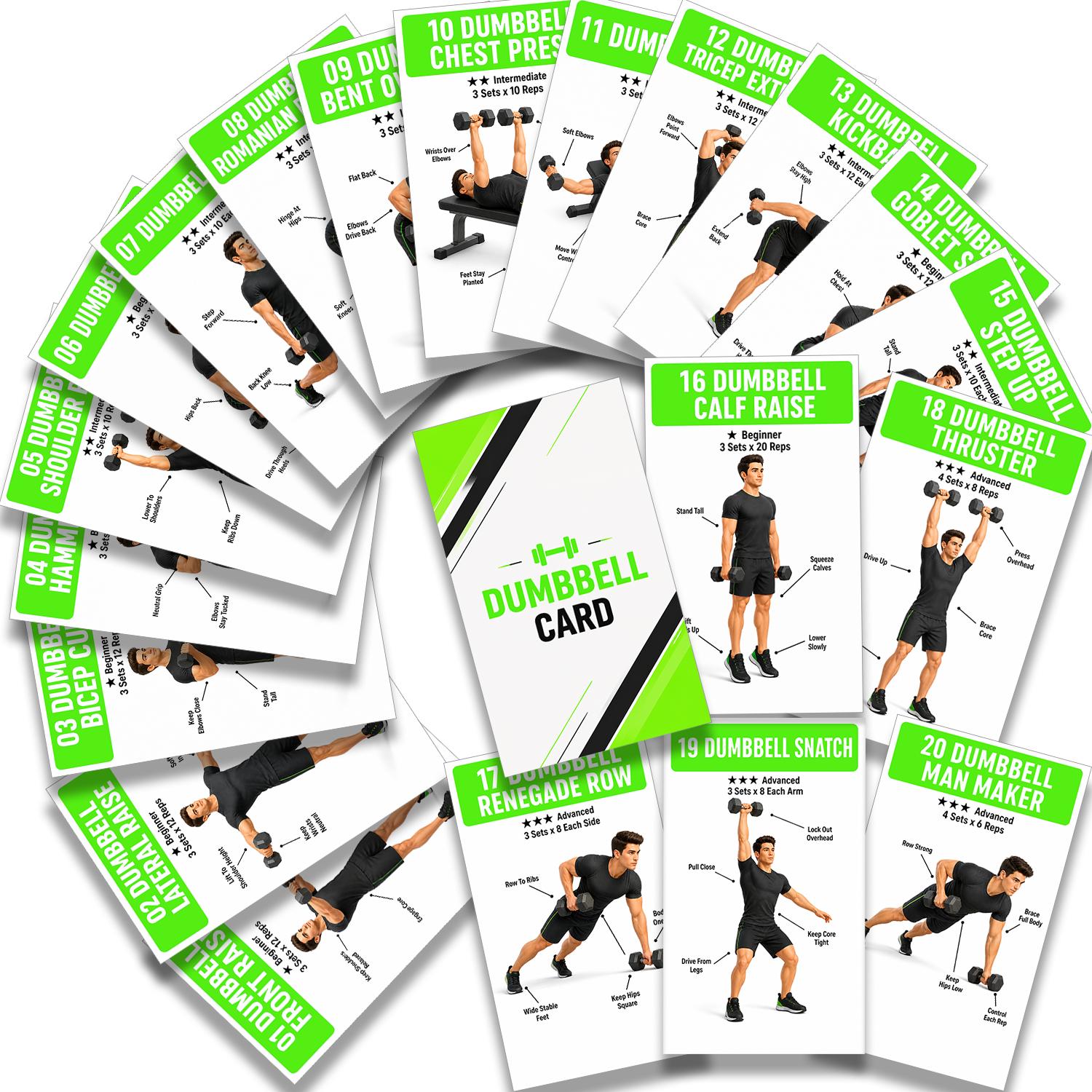 TEMU 20 stuks Dumbbell Workout Kaarten - Gepictuurde Krachttraining Oefeningen Gids, Full Body Spierbouw Routine voor Beginners & Fitnessliefhebbers,