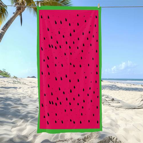 item picture a large thick beach towel featuring a background with patterns and green edges designed with a summer watermelon theme its and vibrant patterns perfect for use at the pool or beach