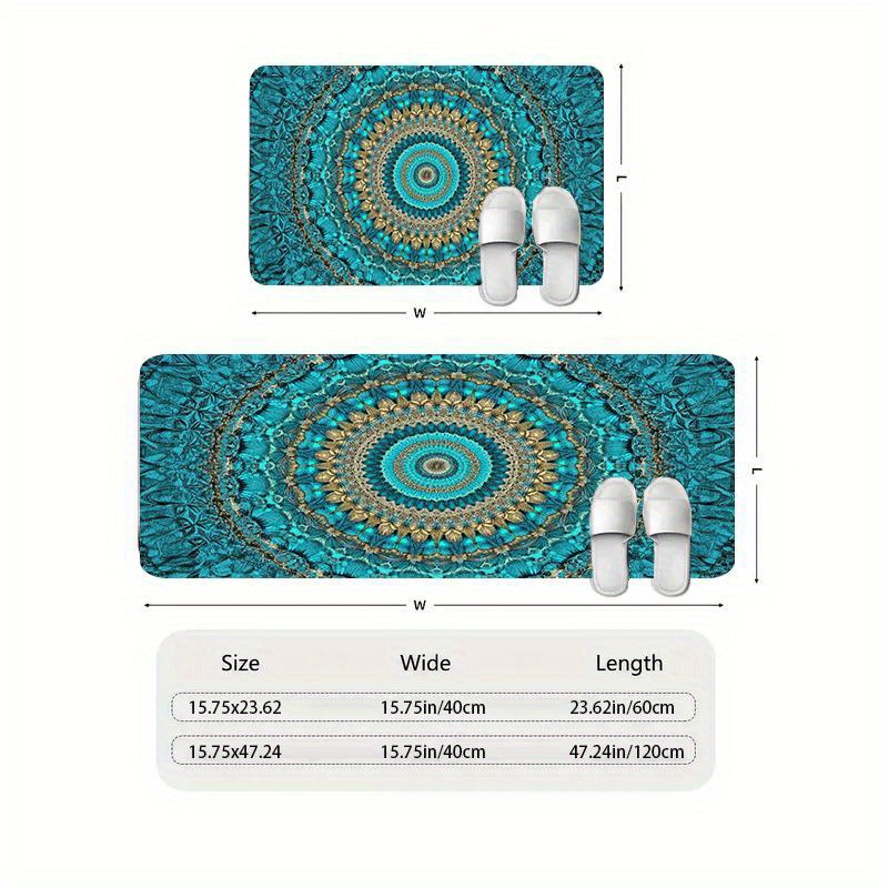 TEMU 1pc Turquoise Mandala Non-slip Absorbent Floor Mat Suitable For Bathrooms, Shower Rooms, - Soft Machine-washable With Pvc Backing, Thick