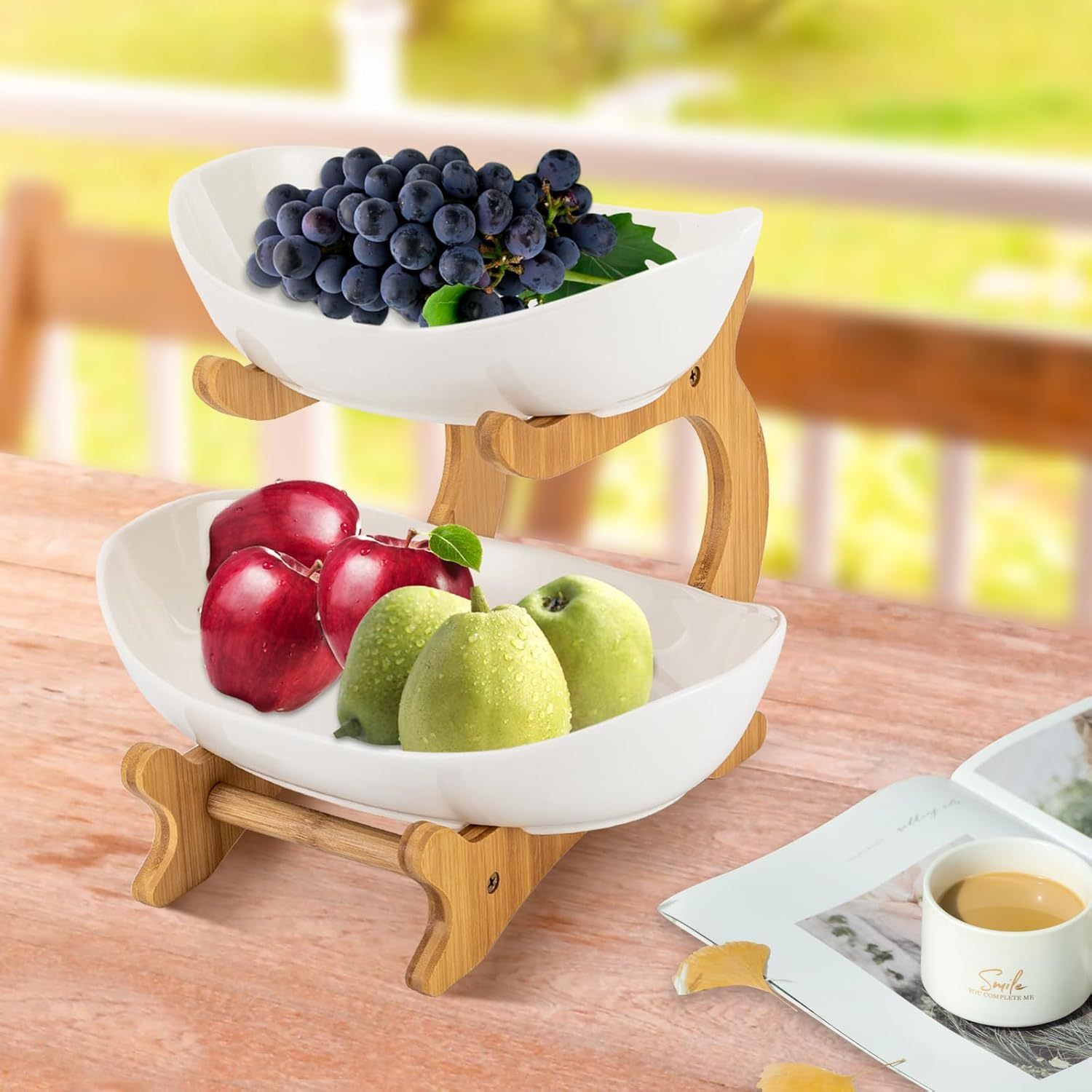 elegant tier ceramic fruit bowl set bamboo stand double Temu