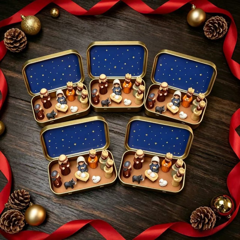 TEMU 5pcs Handmade Mini Christmas Pony Set ( Box Set) - Portable Pocket Size Birth Scene, Includes Mary, Shepherd, And Animal Statues, Hand Painted,