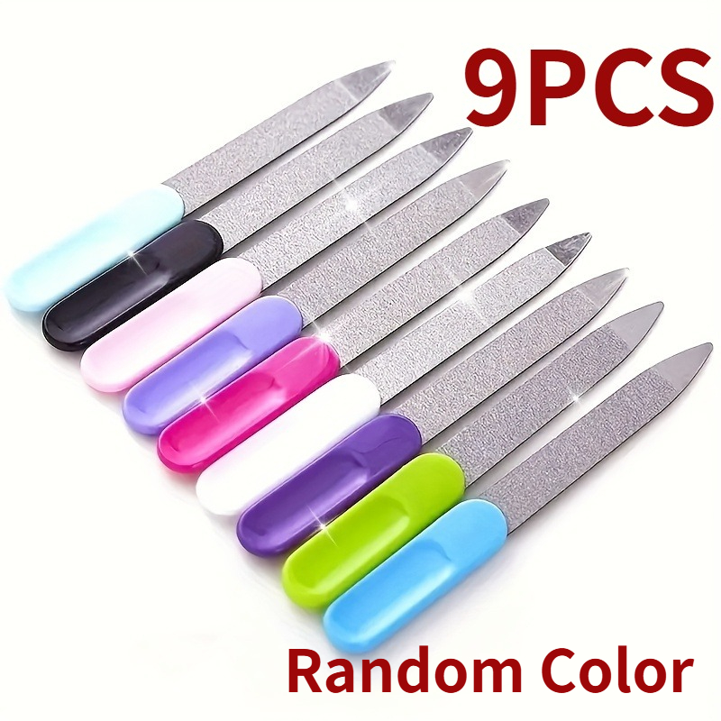 9pcs Stainless Steel Double-sided Nail Files, Professional Metal Buffing & Polishing Tools For Manicure Pedicure, Durable Nail Art Sanding Blocks For Use (random Colors)