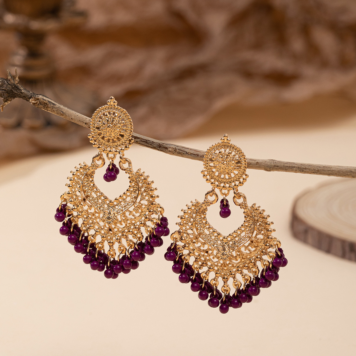 TEMU 2pcs Women's Bohemian Vintage Bell Pendant Tassel Earrings - Alloy In Golden With Beaded Accents, In Purple/red/green/golden/black, Beaded Earrings