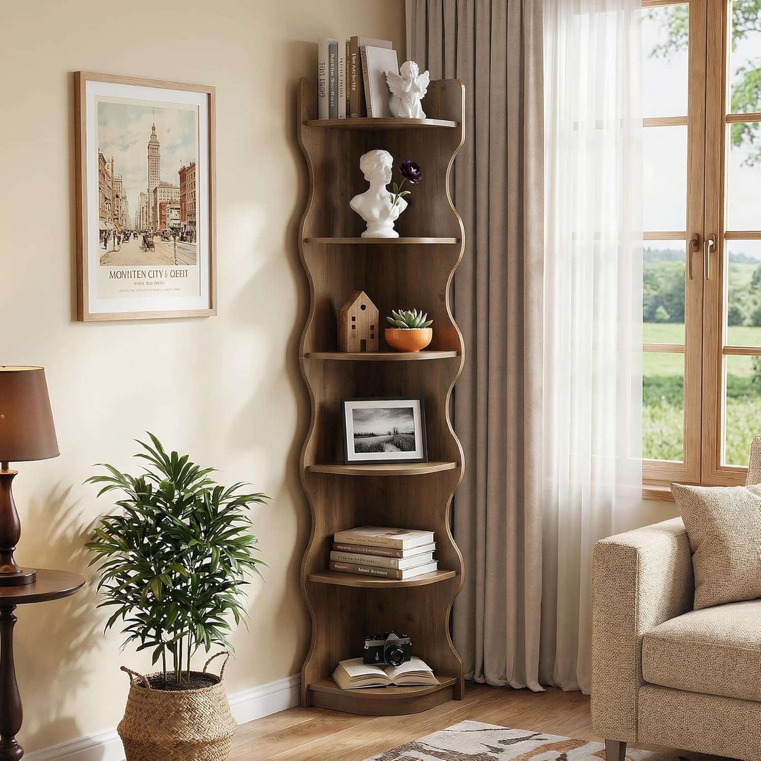 Wave-shaped Corner Shelf, Modern 6-tier Wall Corner Shelf, 180cm Unique Curved Design, Plant Stand, Display Shelf For Living Room, Bedroom, Home Office, Brown