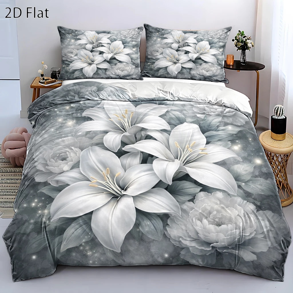 TEMU 3pcss Lily Peony Floral Duvet Cover Set, 3pcss Bedding (1* Duvet Cover   2* Pillowcases), Suitable For And Machine Washable, Invisible Zipper
