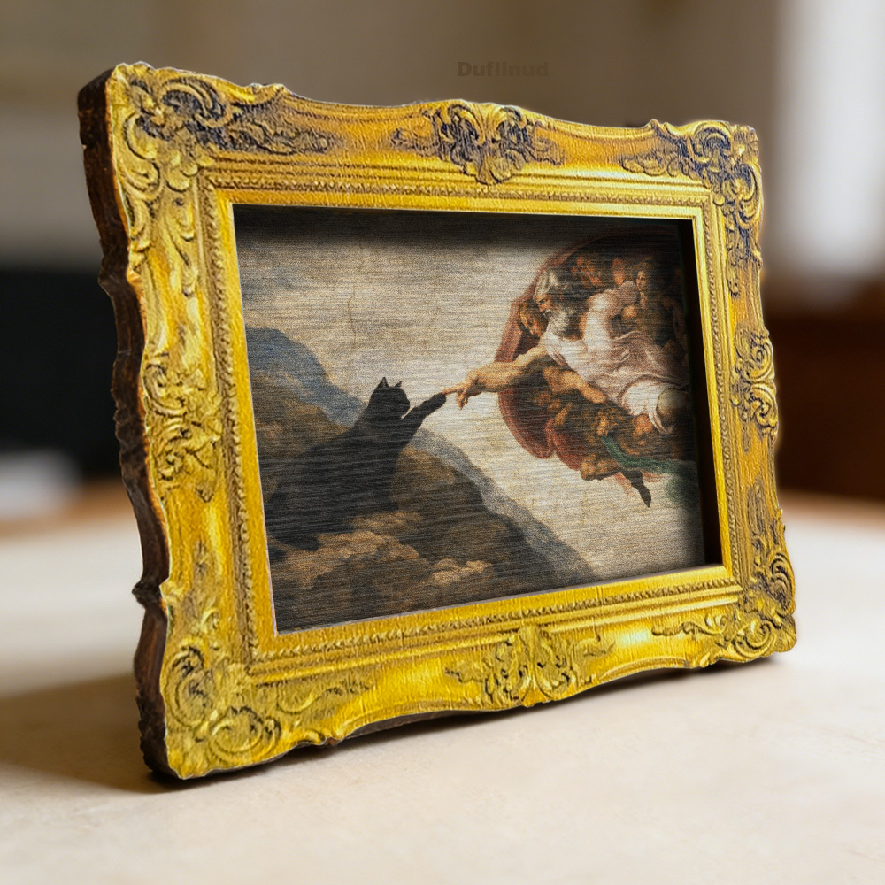 TEMU 1pc Wooden Art "the Creation" Black Cat Edition Fridge Magnet, Miniature Decorative Painting, Wooden Fridge Sticker, Replicating Classic Scenes,